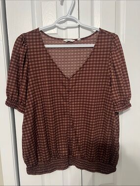 Reitmans Brown Plaid Button-Front Blouse